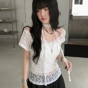 纯欲风辣妹防晒百搭上衣 T恤 夏日小记 透视蕾丝荷叶边围脖短袖