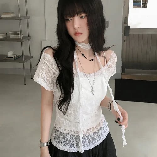 夏日小记 透视蕾丝荷叶边围脖短袖T恤 纯欲风辣妹防晒百搭上衣