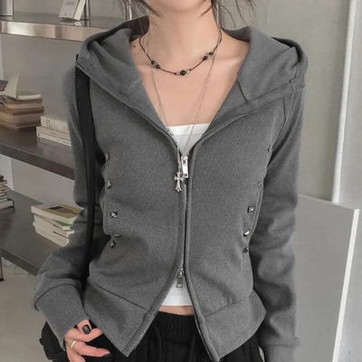 预习秋天 设计感双向拉链连帽卫衣 甜酷辣妹风美式休闲外套上衣