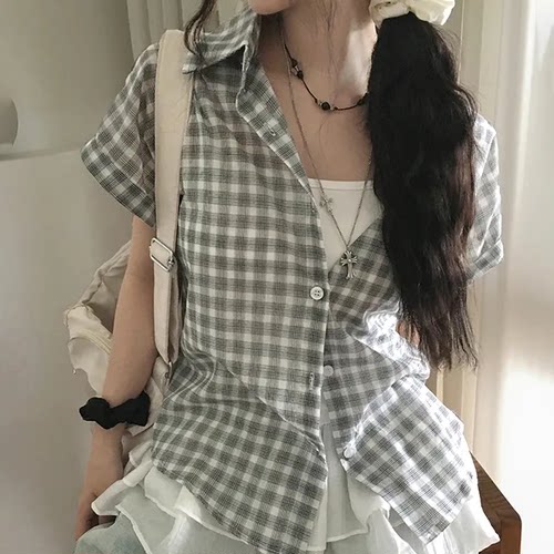 夏日小记 清爽格纹短袖衬衫 日系休闲宽松外搭学院风格子开衫上衣