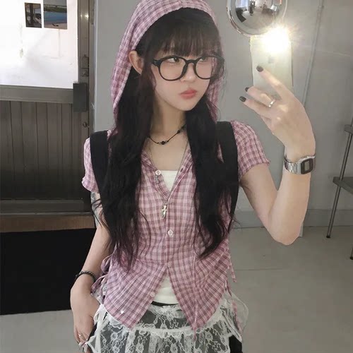 夏日小记 复古格纹短袖纽扣连帽衬衫 日系学院风格子收腰短款上衣
