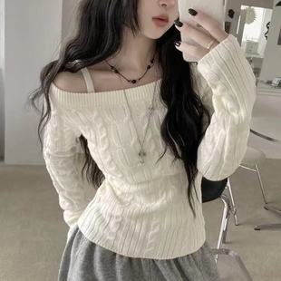 秋天日记 露肩扭花针织衫上衣 纯欲风辣妹修身百搭斜肩长袖毛衣