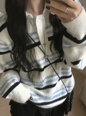 秋天日记 条纹拼色纽扣复古翻领针织衫 秋冬日系宽松百搭毛衣上衣