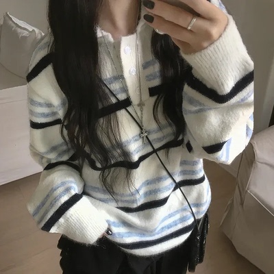 秋天日记 条纹拼色纽扣复古翻领针织衫 秋冬日系宽松百搭毛衣上衣