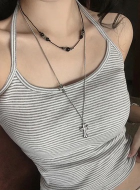 叠穿单品 百搭灰色条纹挂脖小背心 甜酷辣妹风美式短款内搭吊带
