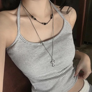 短款 甜酷辣妹风美式 内搭吊带 百搭灰色条纹挂脖小背心 叠穿单品