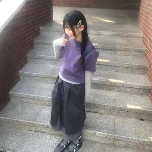 日系复古短款 针织衫 套头毛衣上衣 俏皮葡萄紫圆领短袖 秋天日记