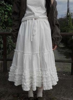 预习春天 白色蛋糕花边长裙 复古蕾丝拼接松紧腰宽松度假风半身裙