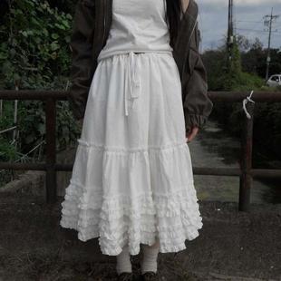 预习春天 复古蕾丝拼接松紧腰宽松度假风半身裙 白色蛋糕花边长裙