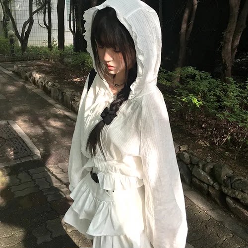 夏日小记 复古蕾丝花边连帽衬衫 甜美百搭宽松休闲开衫防晒短外套