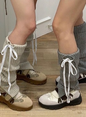 芭蕾少女风格 蝴蝶结系带针织袜套 秋冬灰色保暖腿套中筒堆堆袜