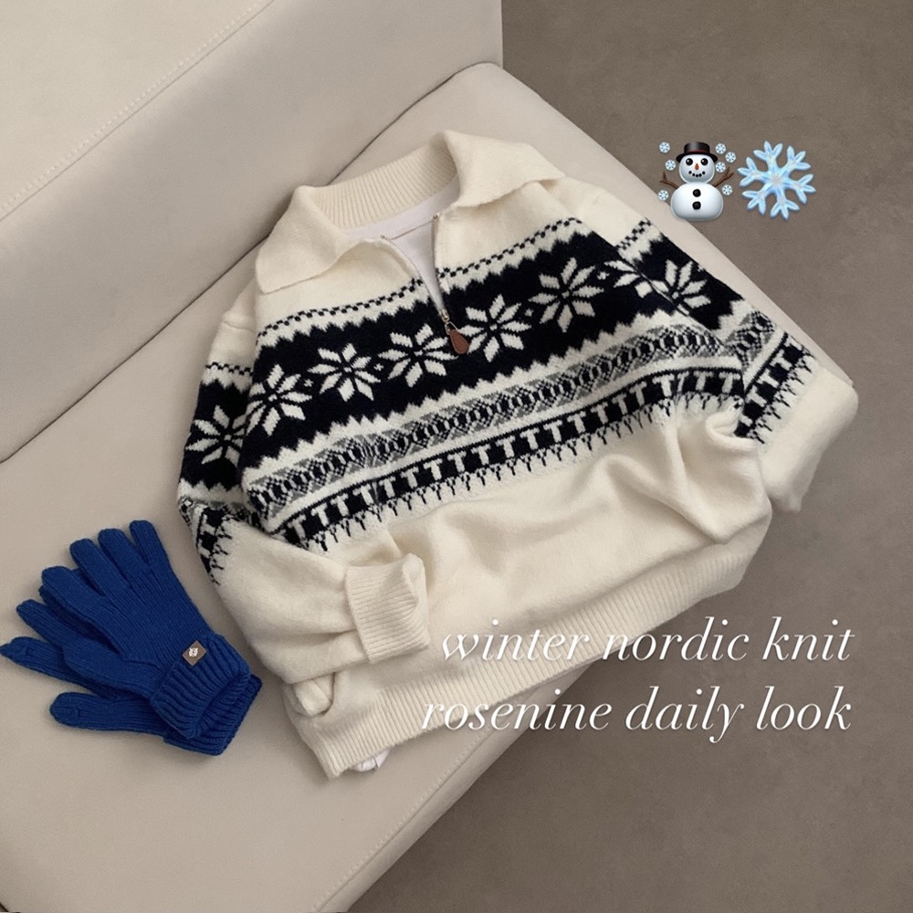 浪漫圣诞月 费尔岛雪花半拉链翻领毛衣 日系宽松百搭针织衫上衣
