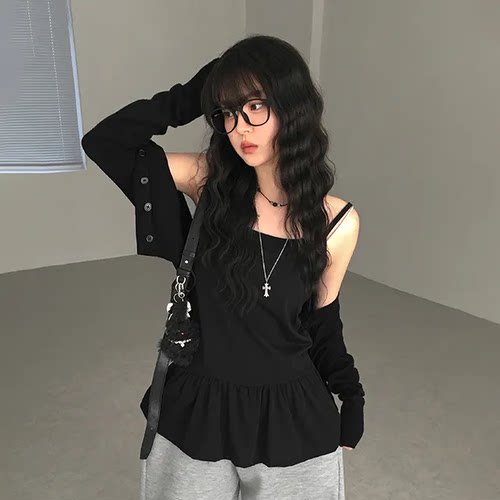 夏日小记 芭蕾风裙摆拼接吊带裙 叠穿内搭黑色氛围感打底背心上衣