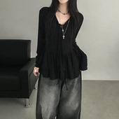 甜酷休闲百搭宽松系带上衣 T恤 预习秋天 芭蕾风荷叶边系带V领长袖