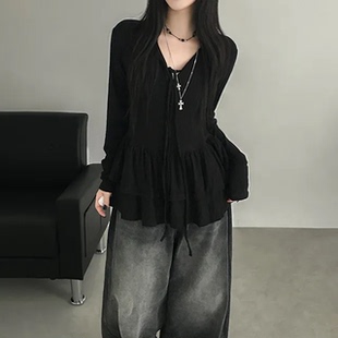 预习秋天 芭蕾风荷叶边系带V领长袖T恤 甜酷休闲百搭宽松系带上衣