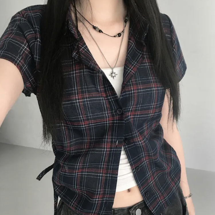 夏日小记 复古格纹收腰短袖衬衫 日系学院风休闲格子修身短款上衣
