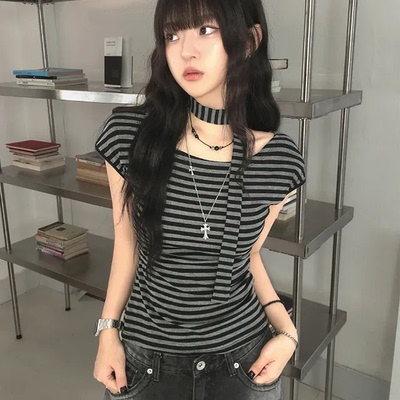 夏日小记 挂脖一字领条纹短袖T恤 甜酷辣妹显瘦收腰百搭修身上衣