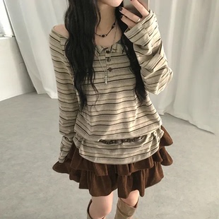 预习秋天 条纹一字领露肩长袖T恤 纯欲风辣妹休闲宽松上衣