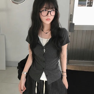 复古学院风修身 夏日小记 美式 T恤 上衣 撞色圆领假两件翻领短袖