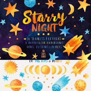 (B495)唯美水彩手绘星空月亮星星宇宙PAT形状PNG设计美化素材图片