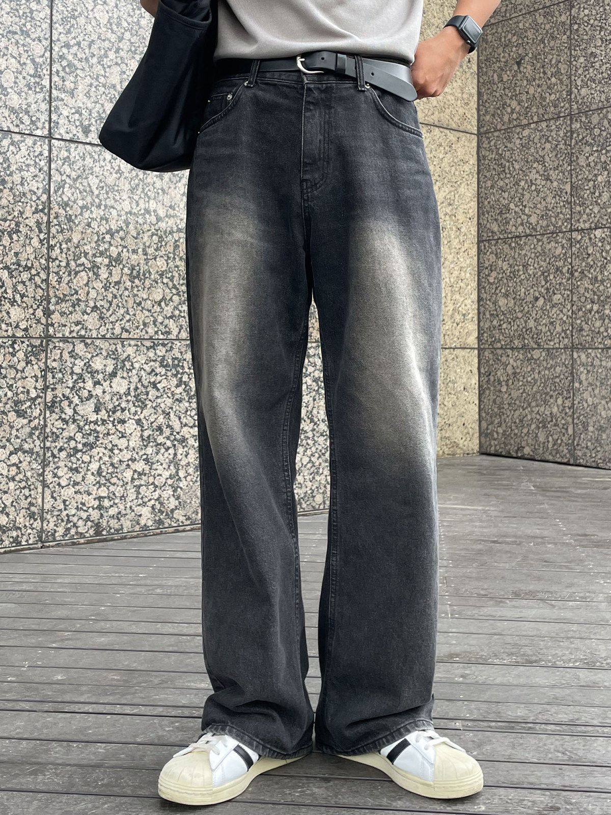 BLACK DENIM TROUSERS MENS SUMMER 2024 NEW HONG KONG STYLE RETRO DISTRESSED WASHED VERSATILE LOOSE WIDE-LEG STRAIGHT PANTS