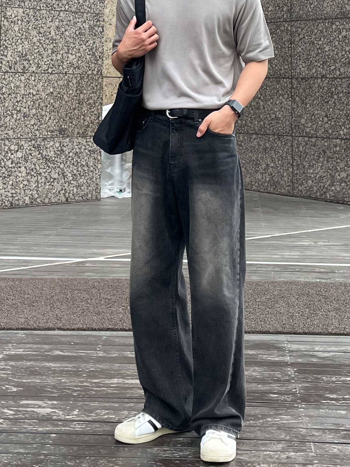 BLACK DENIM TROUSERS MENS SUMMER 2024 NEW HONG KONG STYLE RETRO DISTRESSED WASHED VERSATILE LOOSE WIDE-LEG STRAIGHT PANTS
