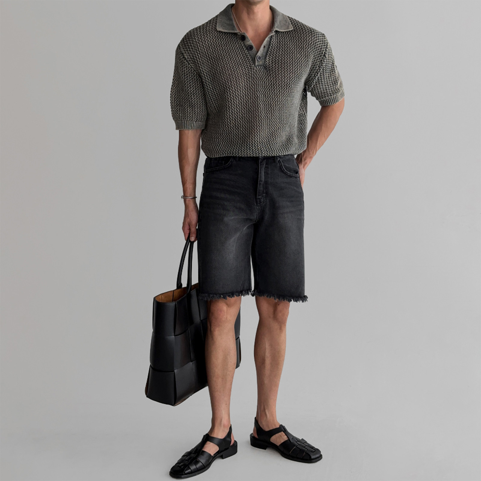 HONEYCOMB HOLLOW KNIT SHORT SLEEVE POLO SHIRT MENS SUMMER LIGHT WASH SUN PROTECTION TOP DESIGN LAPEL T-T