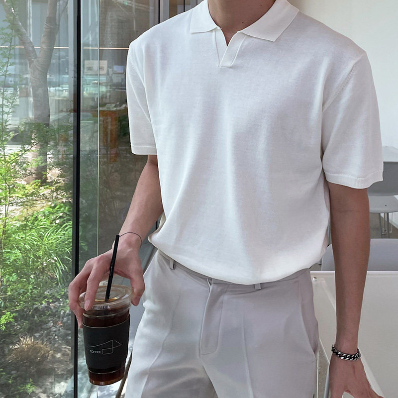 SUMMER THIN POLO SHIRT SHORT SLEEVE MENS LAPEL FASHION BRAND LOOSE HALF-SLEEVE KOREAN VERSION OF HONG KONG STYLE SOLID COLOR KNIT T-SHIRT TIDE