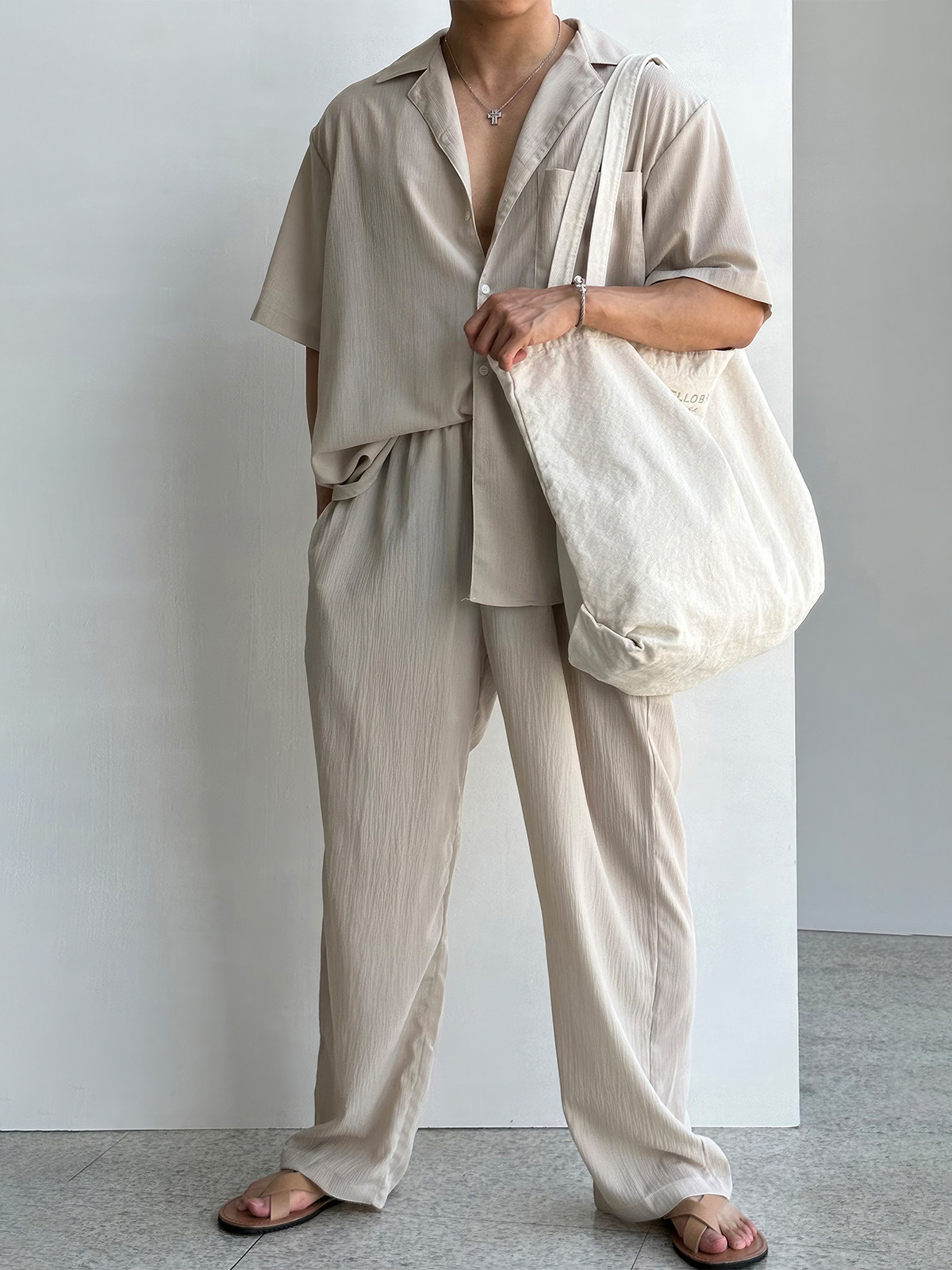 쿠바 칼라 반팔 셔츠 정장 남성 여름 신작 트렌디 드레이프 루즈 셔츠 캐주얼 야마모토 바지 투피스 세트