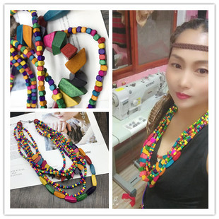 复古民族风彩色木质项链 波西米亚拍照演出七层多彩项链 necklace