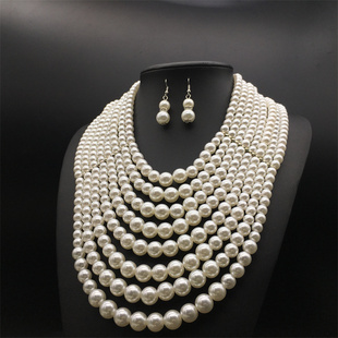仿珍珠八层锁骨链 欧美夸张奢华项链耳环套 戏服演出拍照necklace