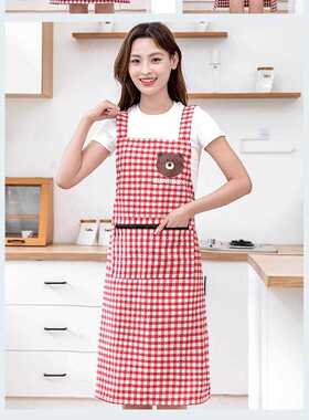 卡通时尚LWF纹延棉伸加肥围格裙家庭厨房工作防污透气吊带围裙的