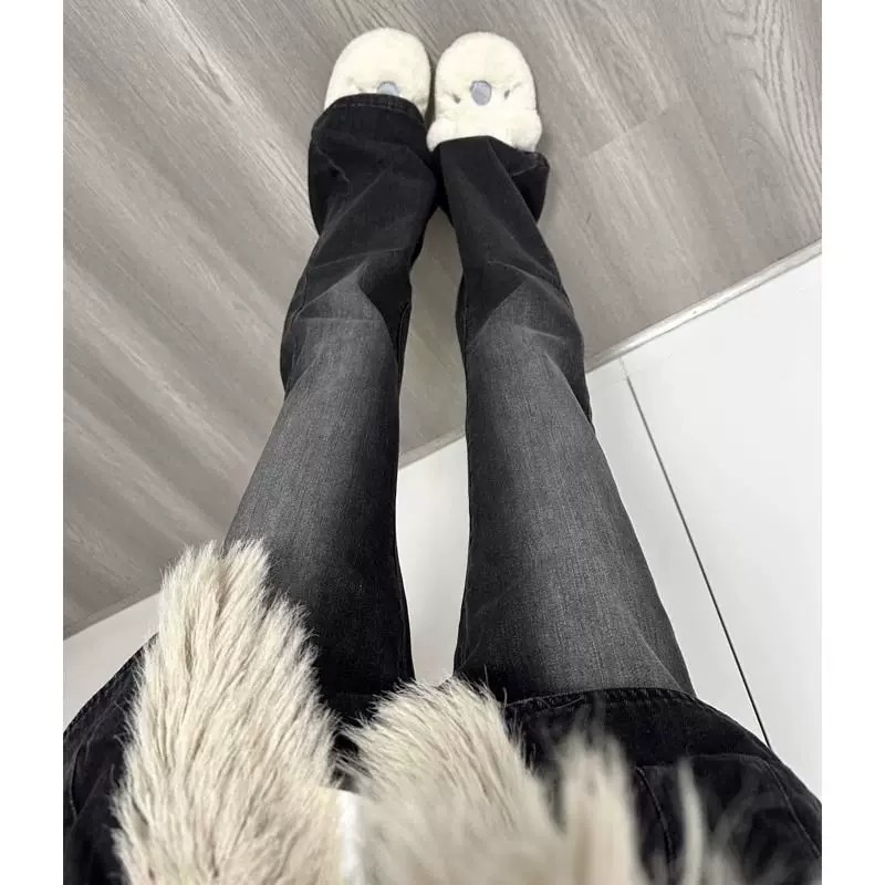 女大童黑色松紧腰显瘦微喇牛仔裤图片