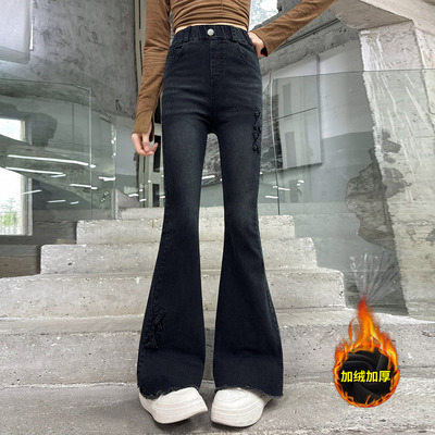 女童牛仔裤冬装加厚加绒微喇裤子