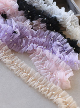 5CM双层网纱蕾丝花边碎褶钉珠diy花边镶珠洛丽塔发带装饰纱边辅料