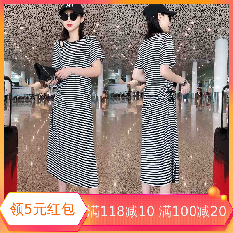 Korean Edition Self cultivation Waist Show thin leisure time Drawstring Short sleeved strapless have more cash than can be accounted for stripe T-shirt Dress Overkneein the Women's clothing/Boutique , T-shirt  category - from Buy2taobao.com to provide professional Taobao agent buy service