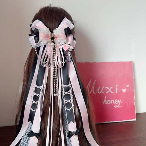 甜酷可爱黑粉蝴蝶结大长飘