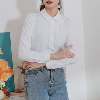 修身法式长袖弹力纯棉娃娃领衬衫