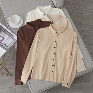 2026春秋新日系文艺小方领针织纯棉衬衫女长袖弹力棉打底衬衣开衫