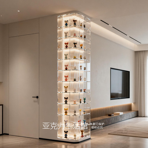 定制家用转角手办玩具展示柜盲盒公仔娃娃收纳透明展示墙带灯发光