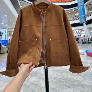 时尚妈妈秋新款立领鹿皮绒长袖短款外套女中老年宽松显瘦夹克上衣