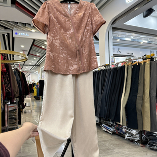 时尚妈妈2件套装V领短袖衬衫女2025夏新款宽松显瘦中老年打底裤子