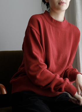 艺间出品日系文艺百搭宽松圆领基础纯棉线毛衣2025春秋正红无静电