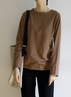 艺间出品圆一字领纯棉宽松基础打底长袖t恤女2025春秋奶咖色