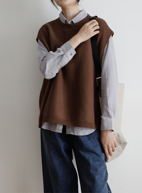 艺间出品文艺简约百搭宽松粗针纯棉线马甲背心女2025秋冬巧克力色