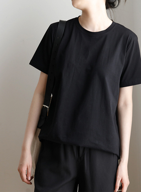 艺间出品文艺简约宽松纯棉基础纯色圆领短袖T恤女2025春夏黑色 特