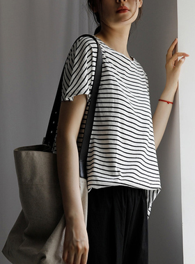艺间出品百搭通勤宽松纯棉简约款黑白条纹短袖T恤女2025春夏