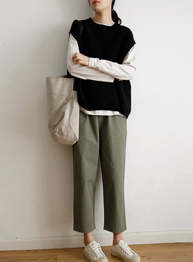 艺间出品日系文艺简约百搭宽松粗针纯棉线马甲背心女2024秋冬黑色