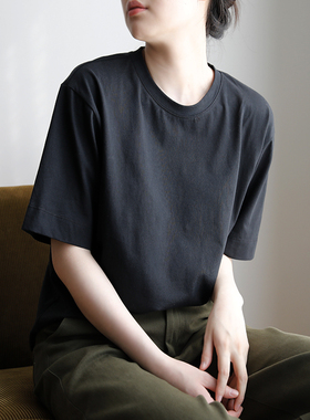 艺间出品日系宽松简约廓型黑色短袖大T恤2025早春女纯棉 品质款