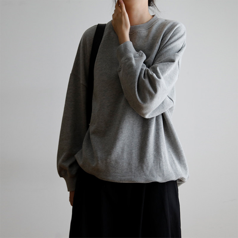 艺间出品百搭文艺宽松纯棉圆领纯色卫衣女2025秋浅灰卫衣基础款